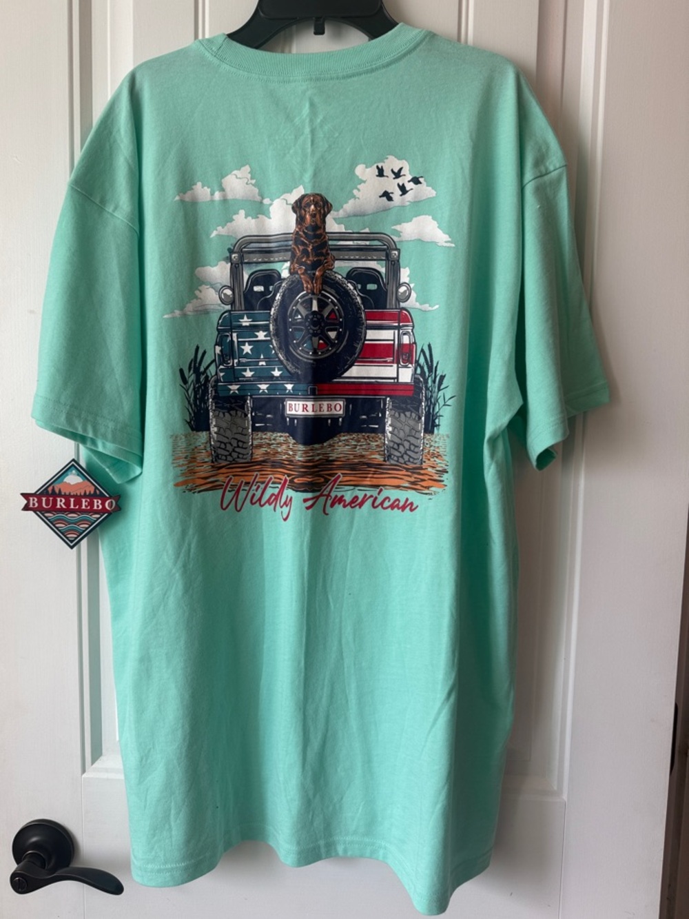 BURLEBO Mint Green Short Sleeve Tee with Patriotic Truck & Dog Graphic